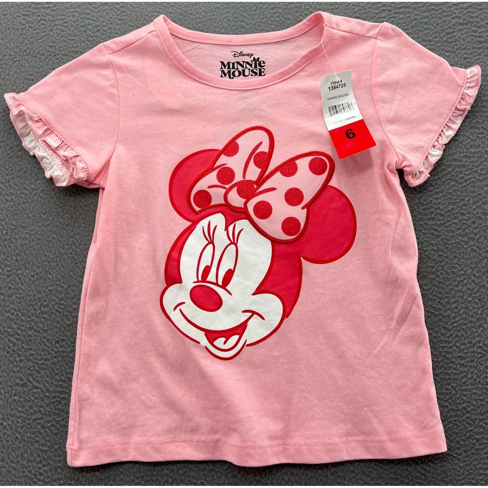 Disney T-Shirt Girls Size 6 Minnie Mouse Pink Ruffle Sleeve Graphic T-Shirt
